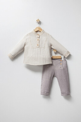 Toptan Erkek Bebek 2'li Gömlek ve Pantolon Takımı 6-24M Tongs 1028-5075 Füme