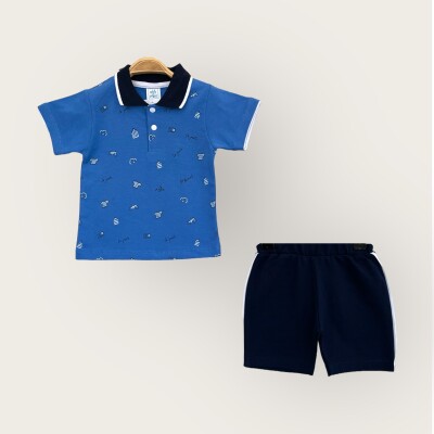 Toptan Erkek Bebek 2'li Polo Yaka T-Shirt ve Şort Takım 6-18M Algiy Mini 2047-3550TK Sax Mavisi