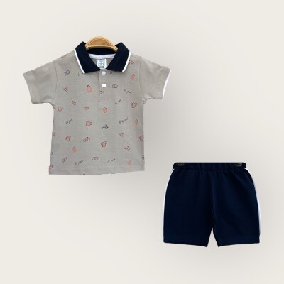 Toptan Erkek Bebek 2'li Polo Yaka T-Shirt ve Şort Takım 6-18M Algiy Mini 2047-3550TK Taş