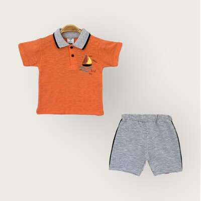 Toptan Erkek Bebek 2'li Polo Yaka Tişört ve Şort Takım 1-4Y Algiy Mini 2047-3551TK Turuncu