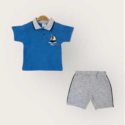 Toptan Erkek Bebek 2'li Polo Yaka Tişört ve Şort Takım 1-4Y Algiy Mini 2047-3551TK Sax Mavisi
