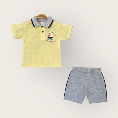 Toptan Erkek Bebek 2'li Polo Yaka Tişört ve Şort Takım 1-4Y Algiy Mini 2047-3551TK Açık Sarı