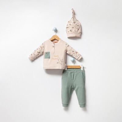Toptan Erkek Bebek 2'li Şapkalı Badi ve Pantolon Takım 3-18M Bubbles 2040-3003 Yeşil