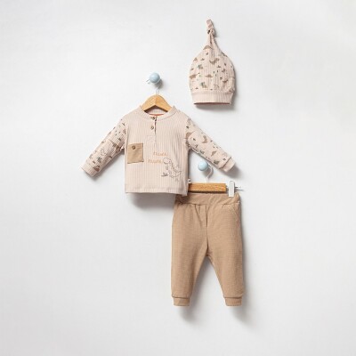 Toptan Erkek Bebek 2'li Şapkalı Badi ve Pantolon Takım 3-18M Bubbles 2040-3003 - Bubbles (1)