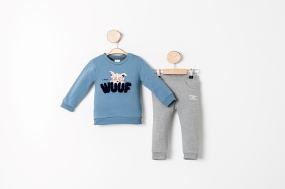 Toptan Erkek Bebek 2'li Sweatshirt ve Pantolon Takımı 9-24M Sani 1068-10007 Mavi