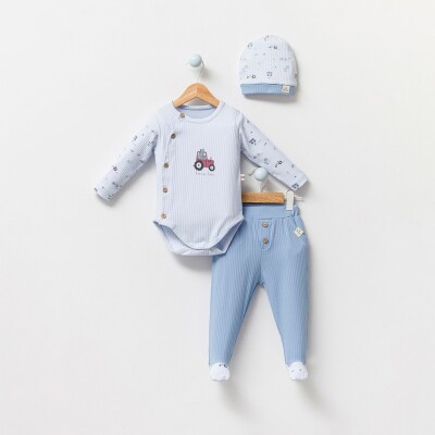 Toptan Erkek Bebek 3'lü Badi, Şapka ve Pantolon Set 3-12M Bubbles 2040-3008 Mavi