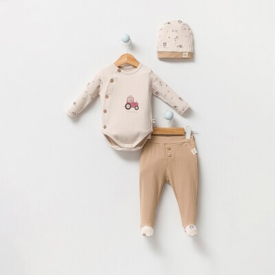 Toptan Erkek Bebek 3'lü Badi, Şapka ve Pantolon Set 3-12M Bubbles 2040-3008 - 2