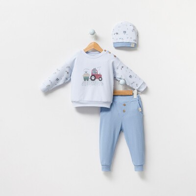 Toptan Erkek Bebek 3'lü Badi, Şapka ve Pantolon Takım 3-18M Bubbles 2040-3010 Mavi