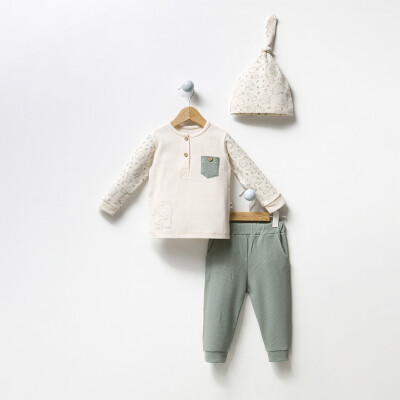 Toptan Erkek Bebek 3'lü Badi, Şapka ve Pantolon Takım 3-18M Bubbles 2040-3037 Yeşil