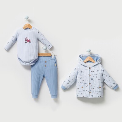 Toptan Erkek Bebek 3'lü Ceket, Badi ve Pantolon Takım 3-12M Bubbles 2040-3012 Mavi