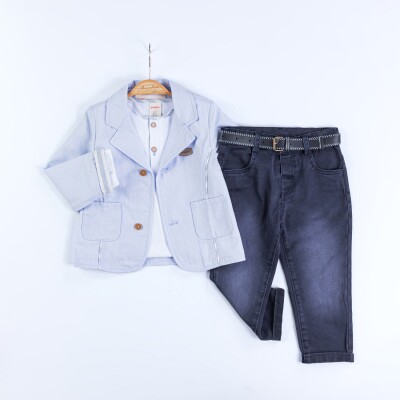 Toptan Erkek Bebek 3'lü Ceket, Gömlek ve Kot Pantolon Takım 9-24M Bombili 1004-6690 Mavi