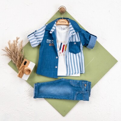 Toptan Erkek Bebek 3'lü Ceket, Pantolon ve Tişört Takımı 6-24M Bubbly 2035-453 Açık Mavi
