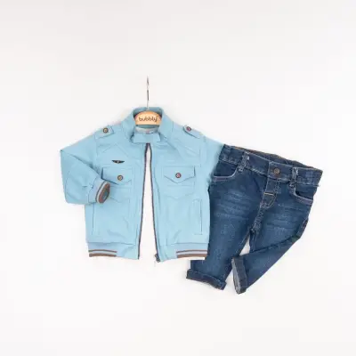 Toptan Erkek Bebek 3'lü Ceket Tişört ve Kot Pantolon Takımı 6-24 M Bubbly 2035-375 Mavi