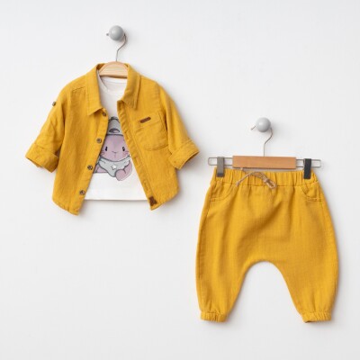Toptan Erkek Bebek 3'lü Gömlek, Body ve Pantolon Takımı 6-24M BonBon 2056-6002 Sarı