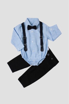 Toptan Erkek Bebek 3'lü Gömlek Pantolon ve Askı Takım 6-24M Kidexs 1026-35041 Mavi