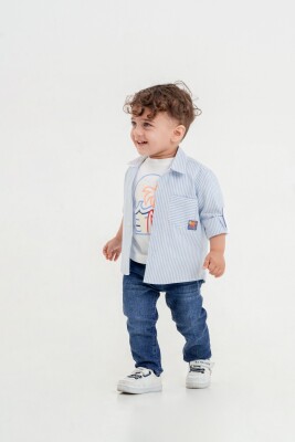 Toptan Erkek Bebek 3'lü Gömlek, Tişört ve Kot Pantolon Takımı 9-24M Lemon 1015-9984 Mavi