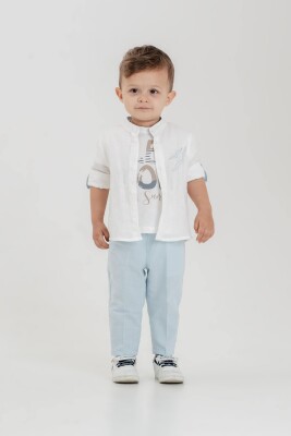 Toptan Erkek Bebek 3'lü Gömlek, Tişört ve Pantolon Takımı 9-24M Lemon 1015-10004 Mavi