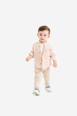 Toptan Erkek Bebek 3'lü Gömlek, Tişört ve Pantolon Takımı 9-24M Lemon 1015-10012 Turuncu