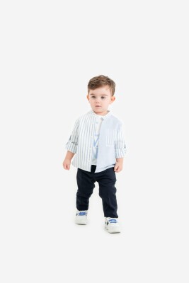 Toptan Erkek Bebek 3'lü Gömlek, Tişört ve Pantolon Takımı 9-24M Lemon 1015-10014 Mavi