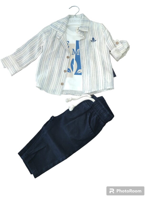 Toptan Erkek Bebek 3'lü Gömlek, Tişört ve Pantolon Takımı 9-24M Lemon 1015-10046 - 1