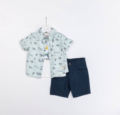 Toptan Erkek Bebek 3'lü Gömlek, Tişört ve Şort Takımı 9-24M Sani 1068-9929 Mint yeşili