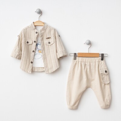 Toptan Erkek Bebek 3'lü Gömlek, Uzun Kol Body ve Pantolon Takımı 6-24M BonBon 2056-8002 - 1