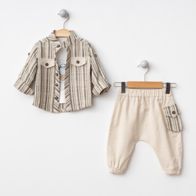 Toptan Erkek Bebek 3'lü Gömlek, Uzun Kol Body ve Pantolon Takımı 6-24M BonBon 2056-8002 - 3