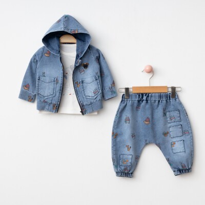 Toptan Erkek Bebek 3'lü Kot Ceket, Pantolon ve Uzun Kol Body Takımı 6-24M BonBon 2056-1001 Mavi