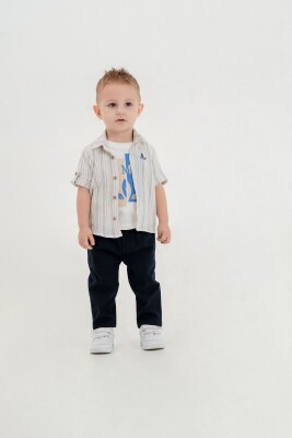 Toptan Erkek Bebek 3'lü Müslin Gömlek T-shirt ve Pantolon Takım 9-24M Lemon 1015-10010 - 1