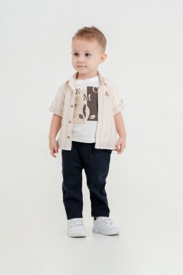 Toptan Erkek Bebek 3'lü Müslin Gömlek T-shirt ve Pantolon Takım 9-24M Lemon 1015-10010 - 2