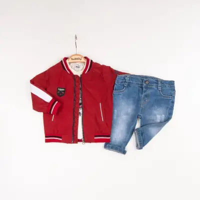 Toptan Erkek Bebek 3'lü Pantolon, Ceket ve Tişört Takımı 6-24M Bubbly 2035-1557 Kırmızı