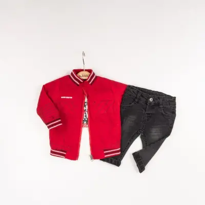 Toptan Erkek Bebek 3'lü Pantolon, Ceket ve Tişört Takımı 6-24M Bubbly 2035-1563 Kırmızı