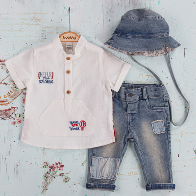 Toptan Erkek Bebek 3'lü Pantolon, Gömlek ve Şapka Takım 6-24M Bubbly 2035-288 Beyaz