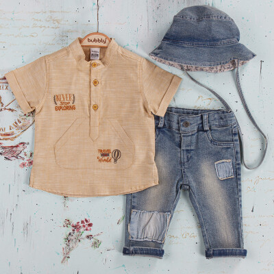 Toptan Erkek Bebek 3'lü Pantolon, Gömlek ve Şapka Takım 6-24M Bubbly 2035-288 - Bubbly