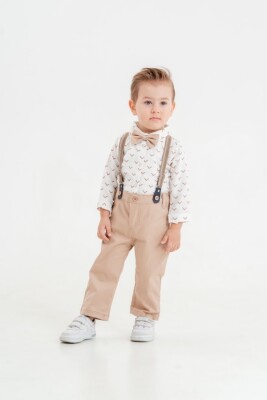 Toptan Erkek Bebek 4'lü Pantolon Gömlek Papyon ve Askılı Takım 9-24M KidsRoom 1031-6012 Kahverengi