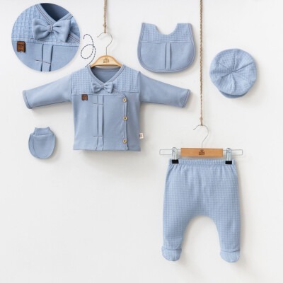 Toptan Erkek Bebek 5'li Body Pantolon Eldiven Önlük ve Şapka Takım 0-3M Minizeyn 2014-7046 - Minizeyn