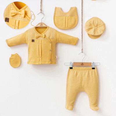Toptan Erkek Bebek 5'li Body Pantolon Eldiven Önlük ve Şapka Takım 0-3M Minizeyn 2014-7046 - Minizeyn (1)