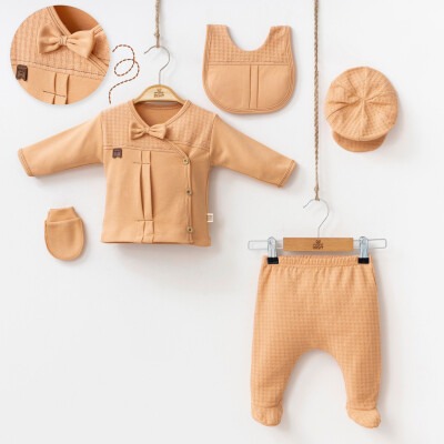 Toptan Erkek Bebek 5'li Body Pantolon Eldiven Önlük ve Şapka Takım 0-3M Minizeyn 2014-7046 Kiremit