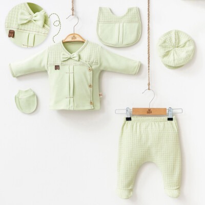Toptan Erkek Bebek 5'li Body Pantolon Eldiven Önlük ve Şapka Takım 0-3M Minizeyn 2014-7046 Çağla Yeşili