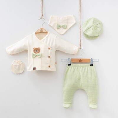 Toptan Erkek Bebek 5'li Body Pantolon Şapka Önlük ve Eldiven 0-3M Minizeyn 2014-7053 Çağla Yeşili