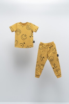 Toptan Erkek Çocuk 2'li Desenli Tişört ve Pantolon Takım 2-5Y Moi Noi 1058-MN51212 Hardal
