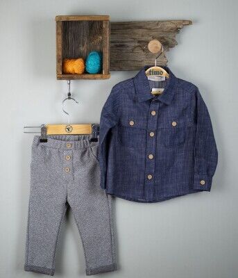 Toptan Erkek Çocuk 2'li Gömlek ve Pantolon Takım 2-5Y Timo 1018-T3EDT064236812 Navy Blue-Light Gray