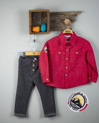 Toptan Erkek Çocuk 2'li Gömlek ve Pantolon Takım 2-5Y Timo 1018-T3EDT064236812 Red - Black