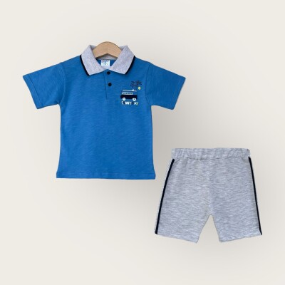 Toptan Erkek Çocuk 2'li Polo Yaka T-Shirt ve Şort Takım 1-4Y Algiy Mini 2047-3561TK Mavi