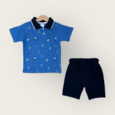 Toptan Erkek Çocuk 2'li Polo Yaka T-Shirt ve Şort Takımı 1-4Y Algiy Mini 2047-3560TK Mavi