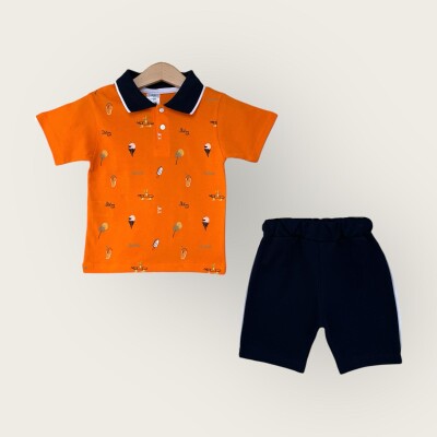 Toptan Erkek Çocuk 2'li Polo Yaka T-Shirt ve Şort Takımı 1-4Y Algiy Mini 2047-3560TK Turuncu