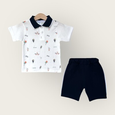 Toptan Erkek Çocuk 2'li Polo Yaka T-Shirt ve Şort Takımı 1-4Y Algiy Mini 2047-3560TK Ekru