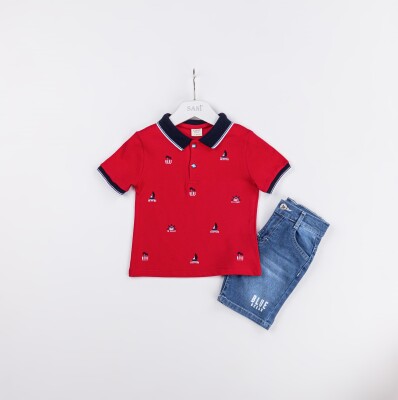 Toptan Erkek Çocuk 2'li Polo Yaka Tişört ve Kot Şort Takımı 2-5Y Sani 1068-2320 Kırmızı