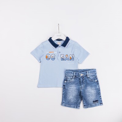 Toptan Erkek Çocuk 2'li Polo Yaka Tişört, ve Kot Tişört Takımı 2-5Y Sani 1068-2319 Açık Mavi