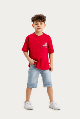 Toptan Erkek Çocuk 2'li Tişört ve Kot Şort Takım 6-9Y Gold Class 1010-3606 Kırmızı